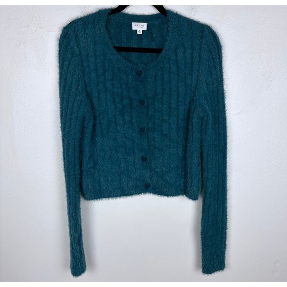 Le Lis Sweaters - Le Lis Button Down Eyelash Cardigan Teal Green Heart Buttons Coquette Medium